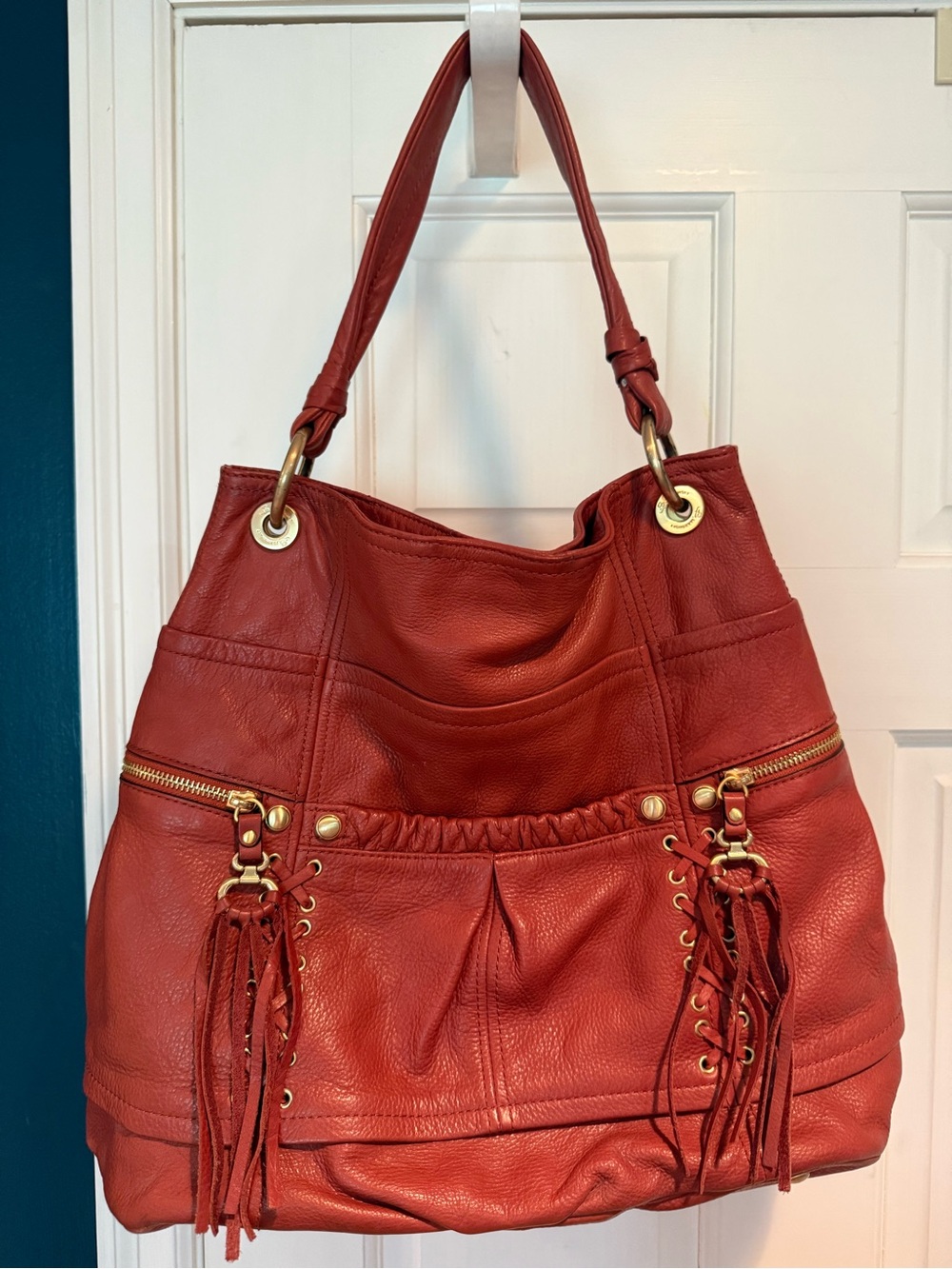 B Makowsky Red Leather Fringe Shoulder Bag - Women's Handbag
